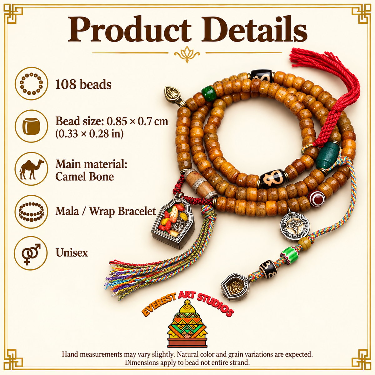 EverestArtstudios Tibetan Vintage Camel Bone Barrel-Bead 108-Bead Mala Wrap Bracelet — specifications