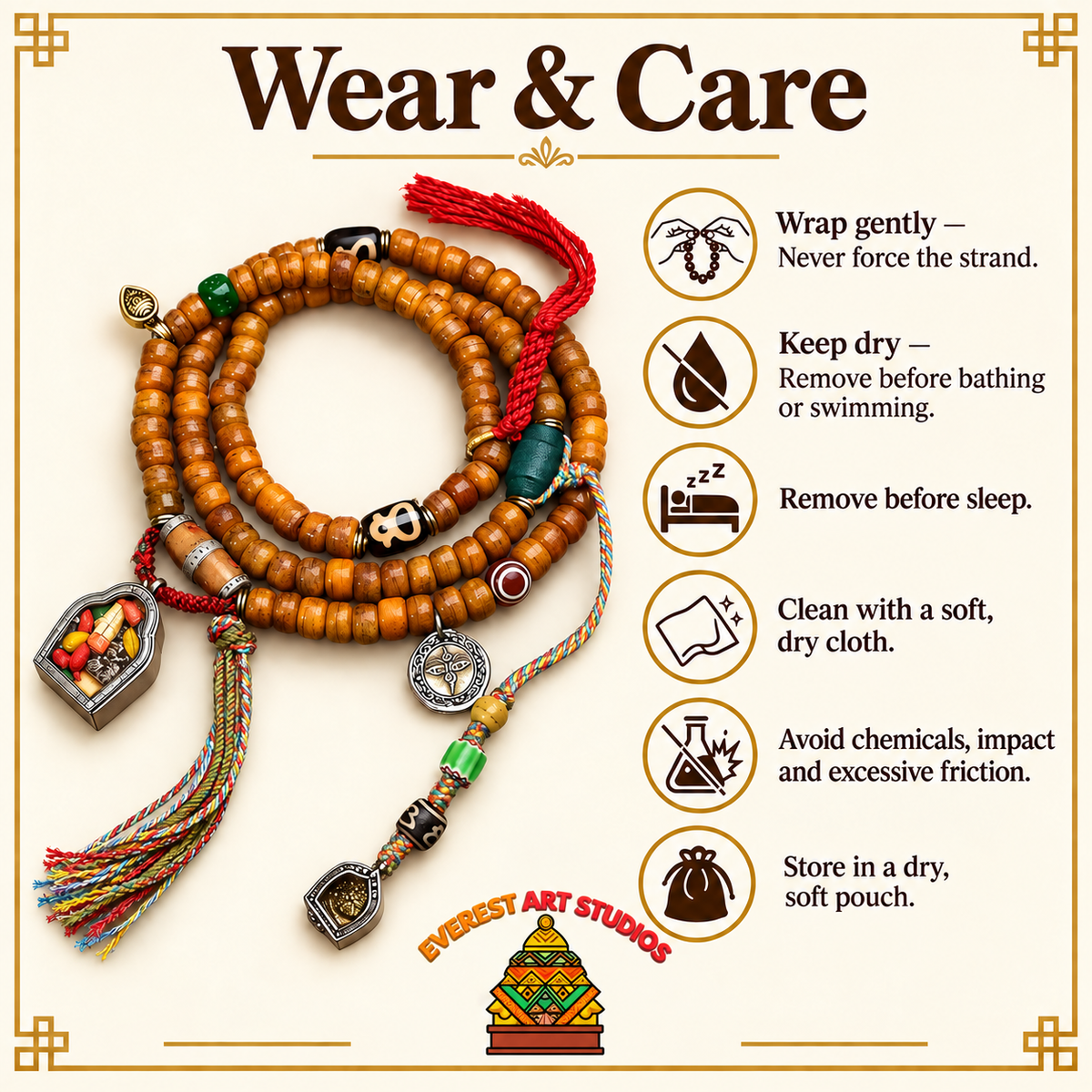 EverestArtstudios Tibetan Vintage Camel Bone Barrel-Bead 108-Bead Mala Wrap Bracelet — care