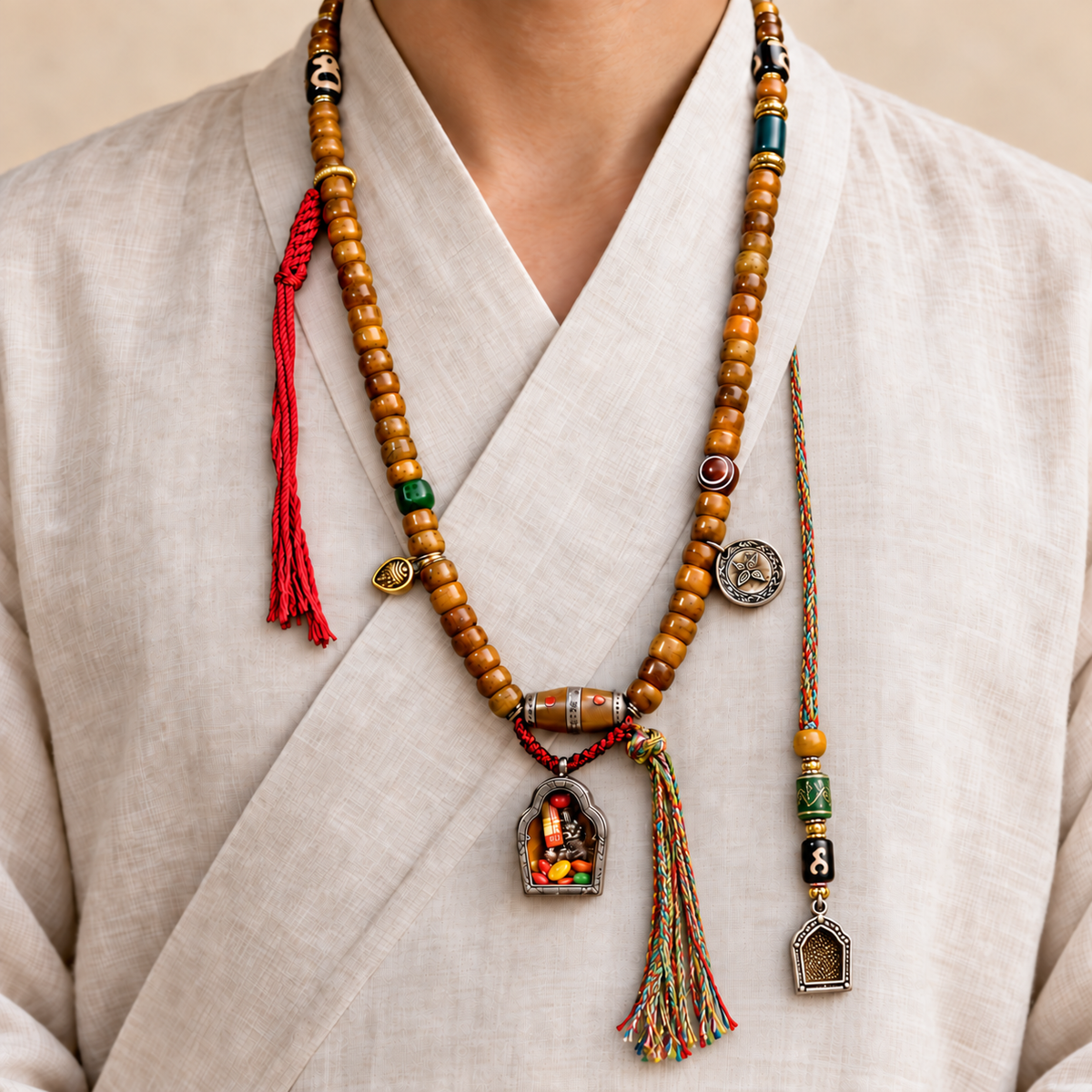 EverestArtstudios Tibetan Vintage Camel Bone Barrel-Bead 108-Bead Mala Wrap Bracelet — linen front