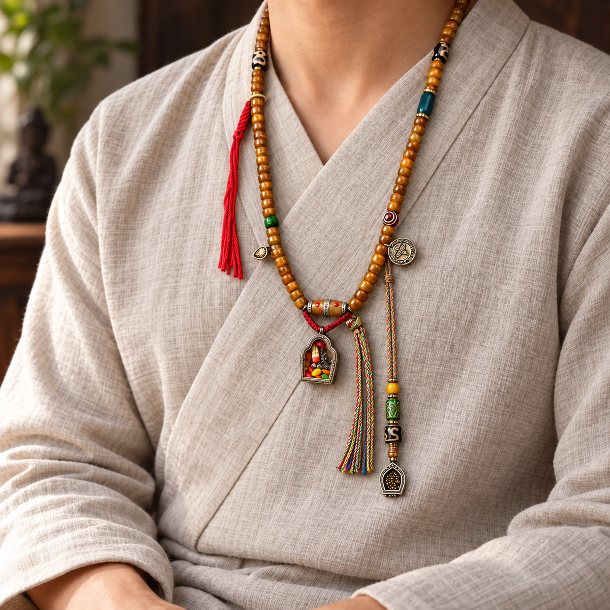 EverestArtstudios Tibetan Vintage Camel Bone Barrel-Bead 108-Bead Mala Wrap Bracelet — linen seated
