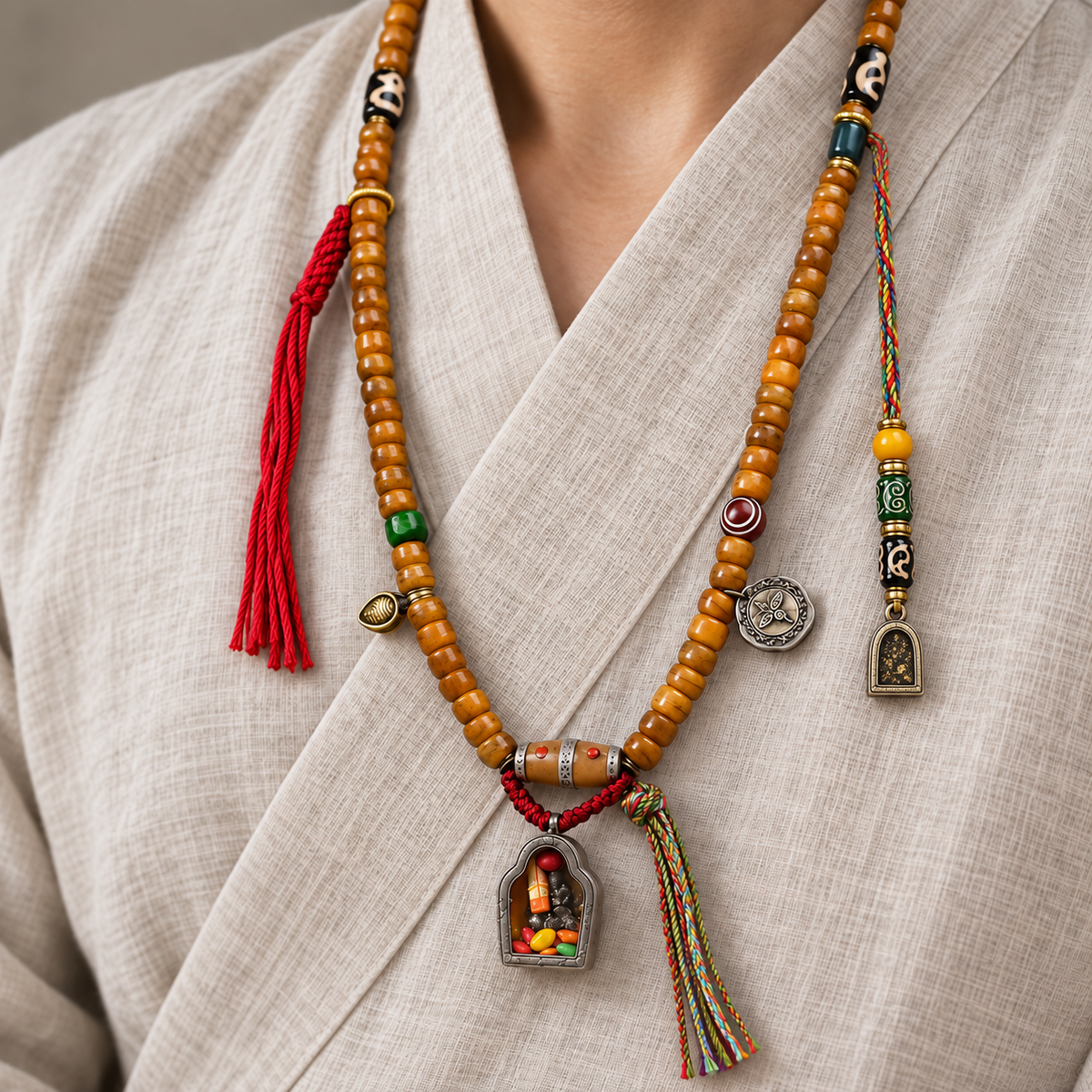 EverestArtstudios Tibetan Vintage Camel Bone Barrel-Bead 108-Bead Mala Wrap Bracelet — linen side