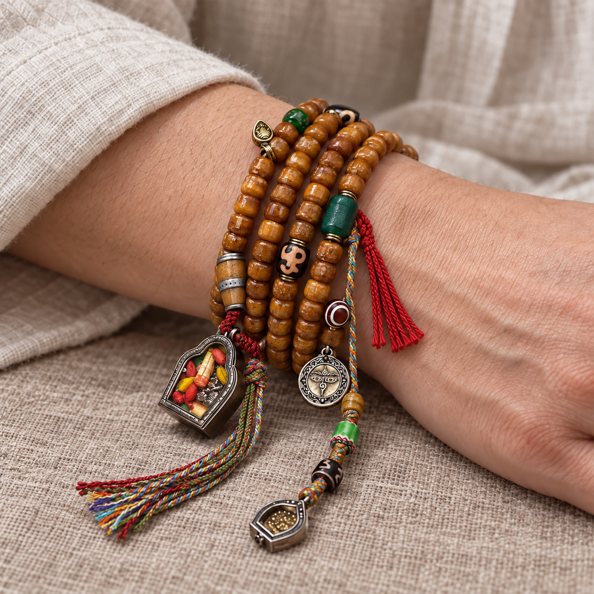 EverestArtstudios Tibetan Vintage Camel Bone Barrel-Bead 108-Bead Mala Wrap Bracelet — wrist resting
