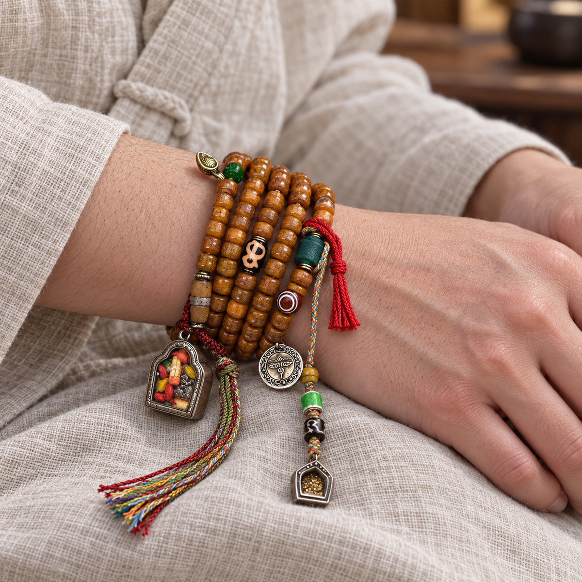 EverestArtstudios Tibetan Vintage Camel Bone Barrel-Bead 108-Bead Mala Wrap Bracelet — wrist crossed