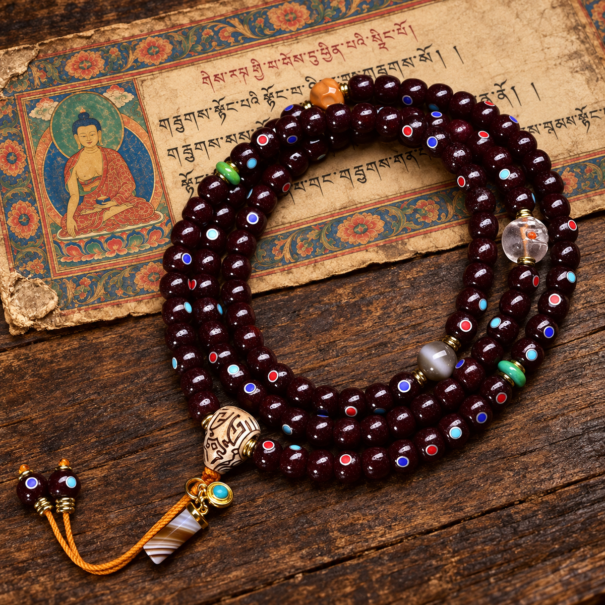 EverestArtstudios Natural Cinnabar-Finished Inlaid Xingyue Bodhi 108-Bead Mala — full product