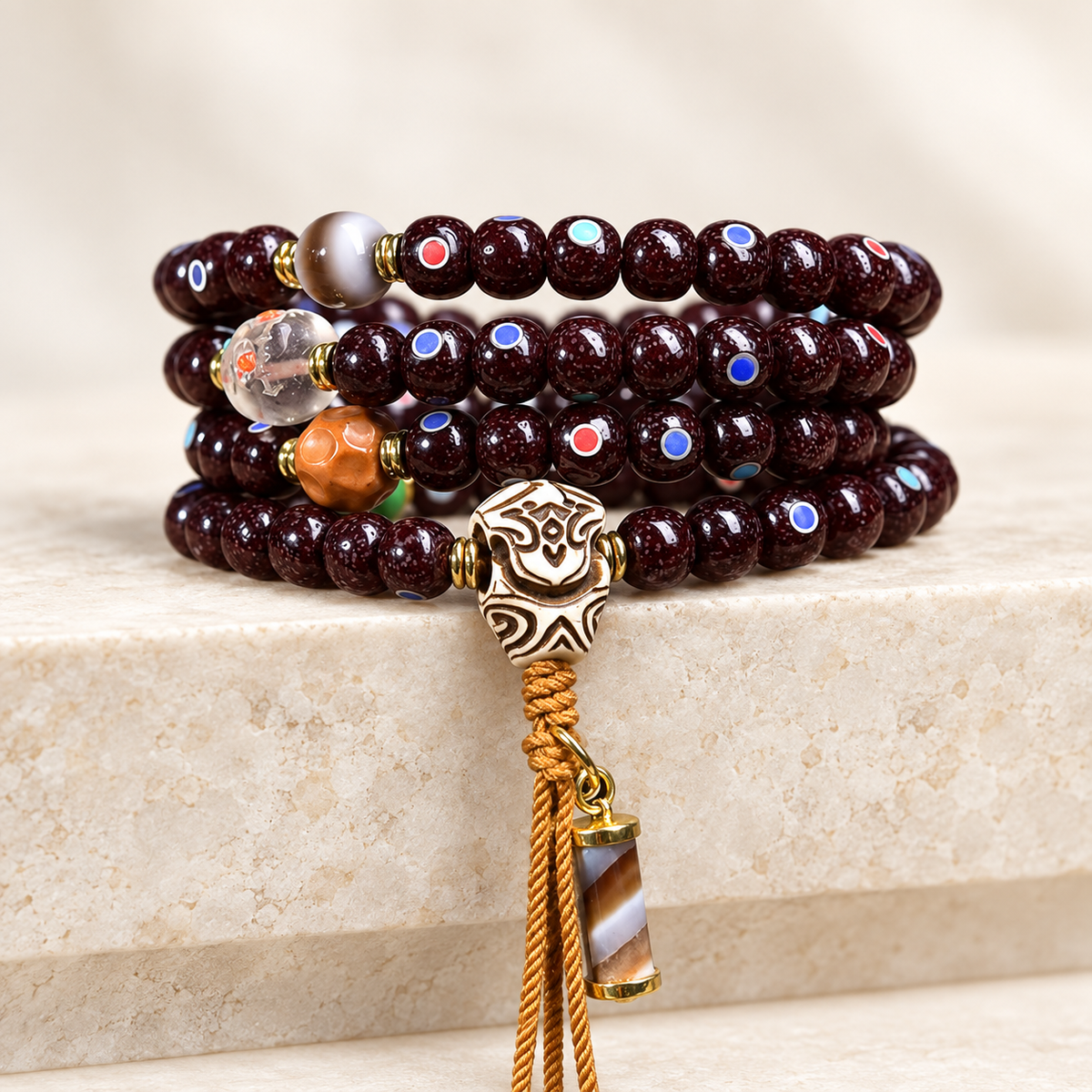 EverestArtstudios Natural Cinnabar-Finished Inlaid Xingyue Bodhi 108-Bead Mala — side detail