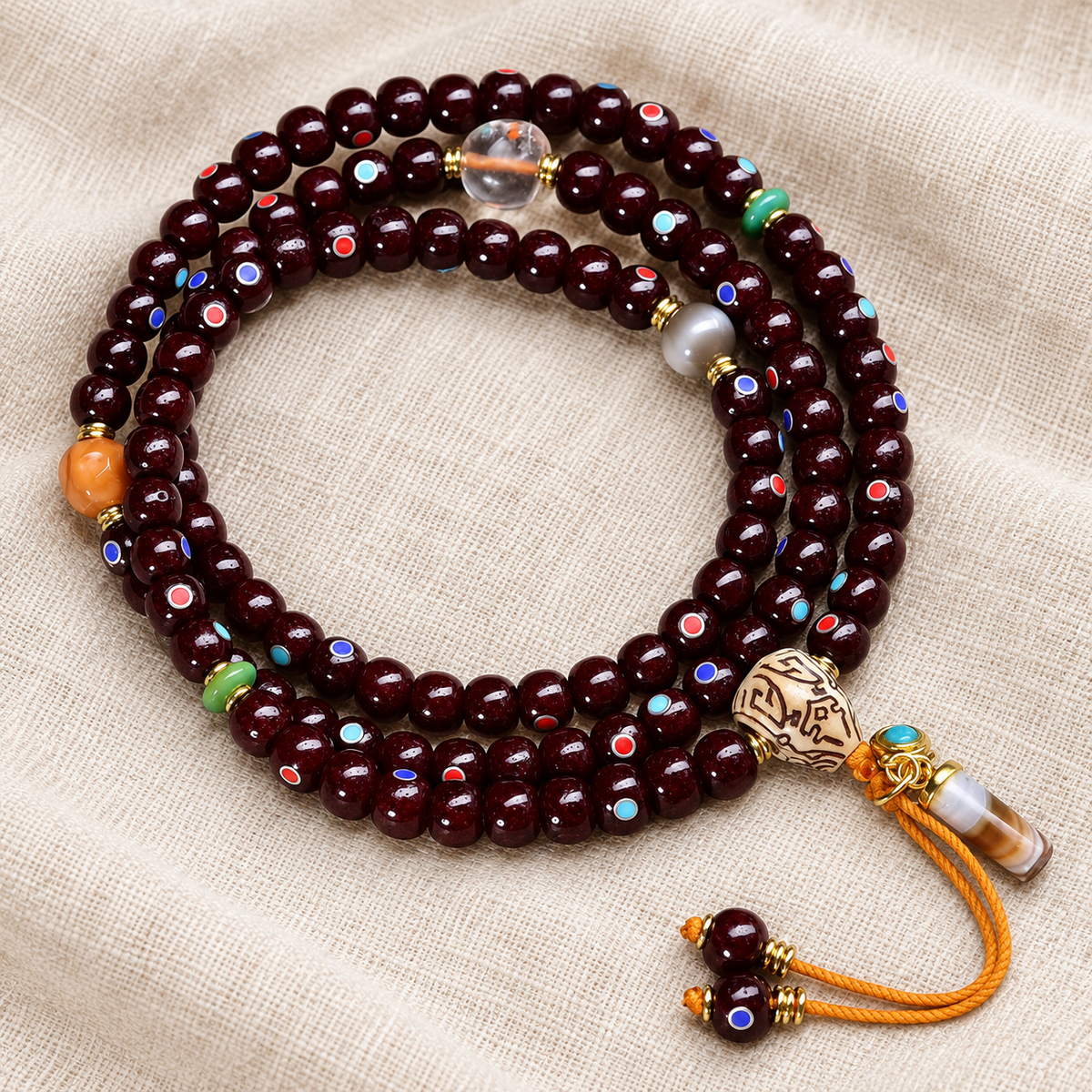 EverestArtstudios Natural Cinnabar-Finished Inlaid Xingyue Bodhi 108-Bead Mala — overall detail