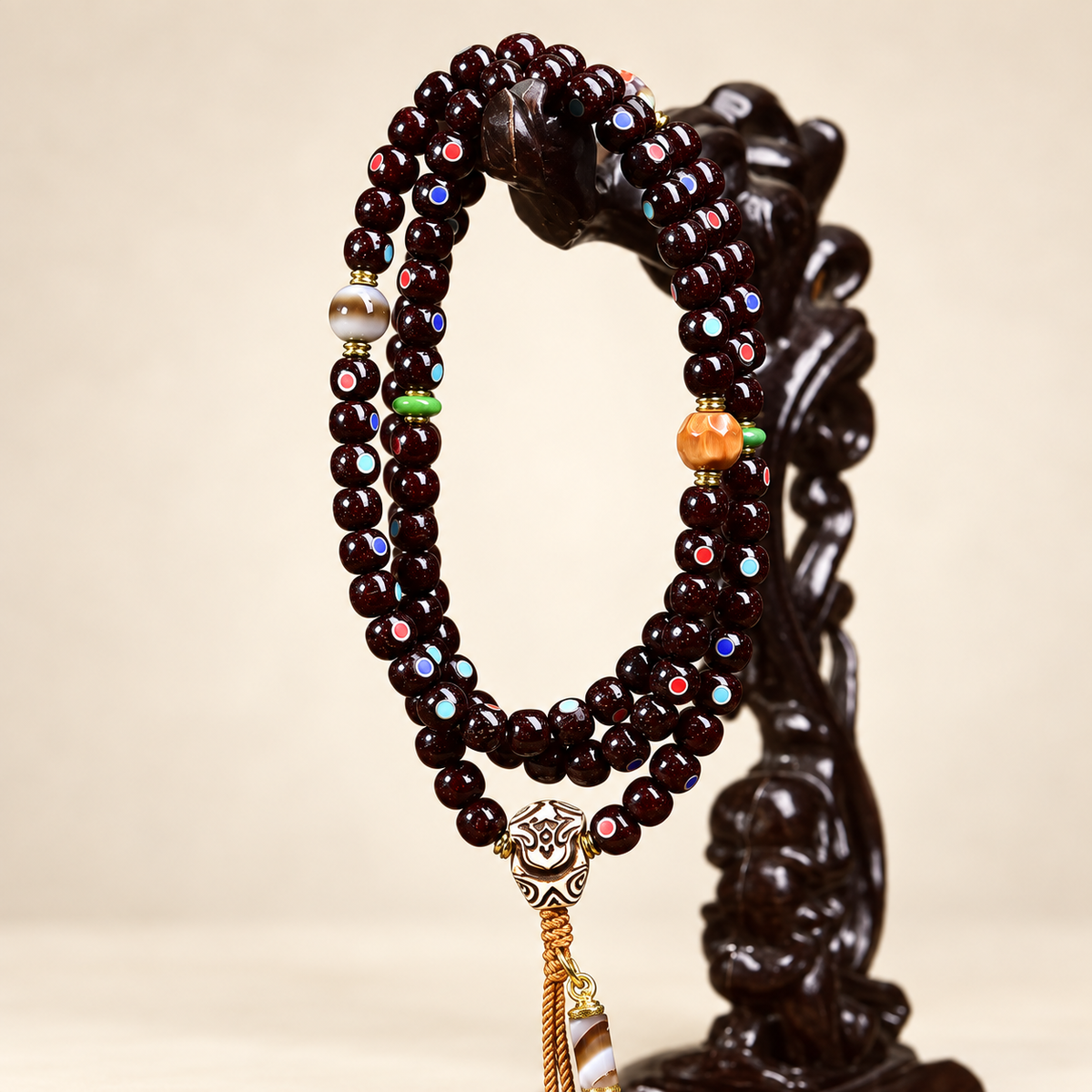 EverestArtstudios Natural Cinnabar-Finished Inlaid Xingyue Bodhi 108-Bead Mala — hanging product