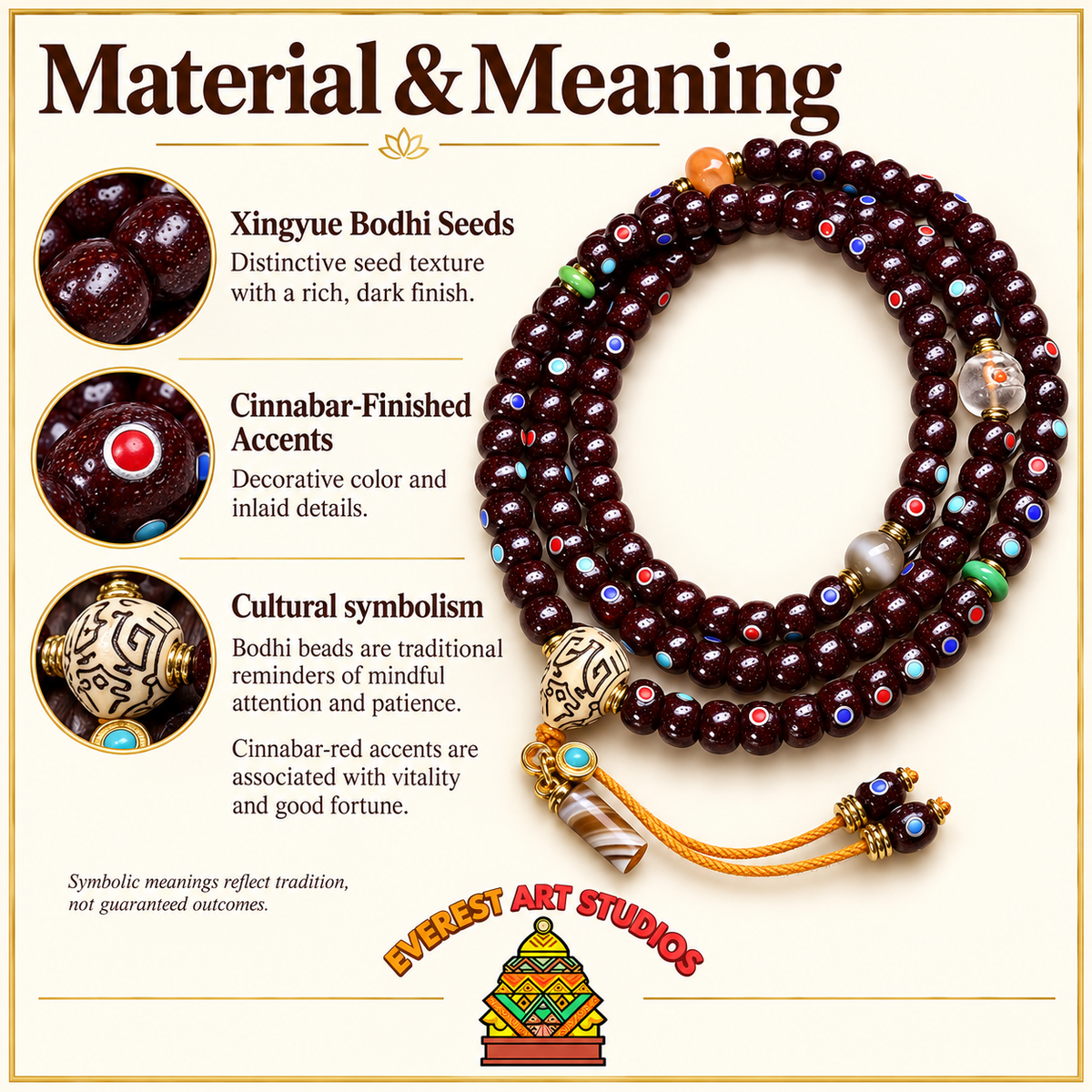 EverestArtstudios Natural Cinnabar-Finished Inlaid Xingyue Bodhi 108-Bead Mala — materials meaning