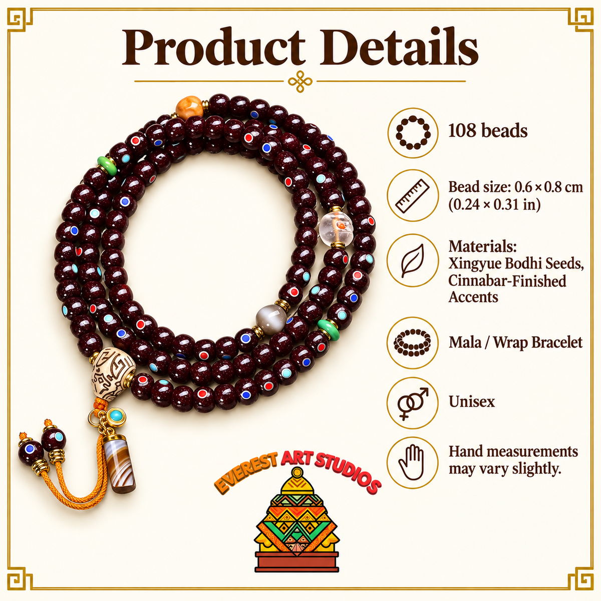 EverestArtstudios Natural Cinnabar-Finished Inlaid Xingyue Bodhi 108-Bead Mala — specifications