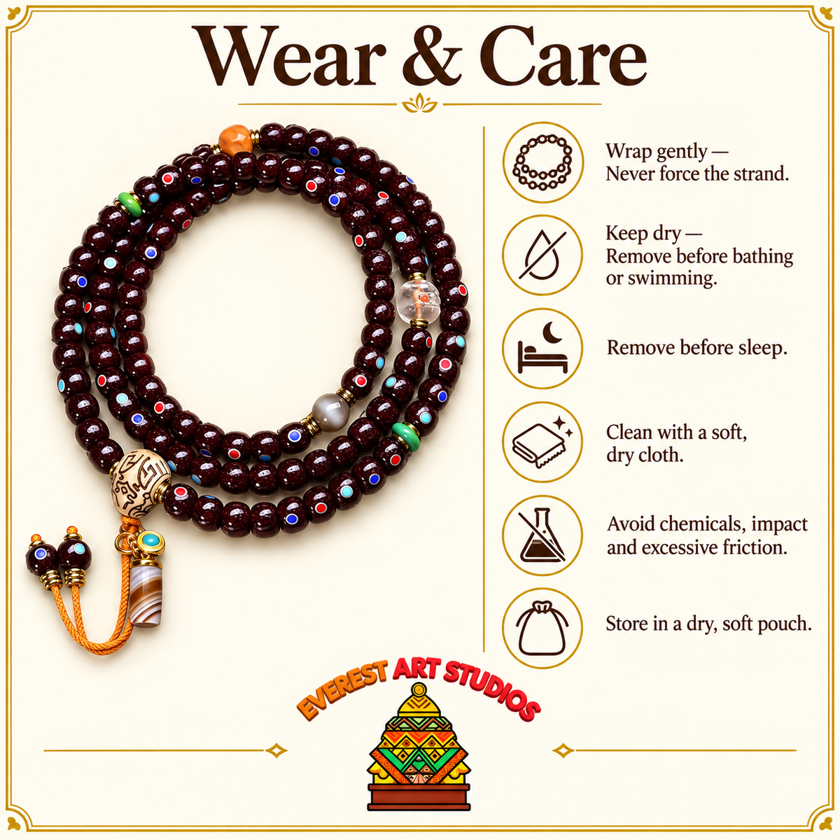 EverestArtstudios Natural Cinnabar-Finished Inlaid Xingyue Bodhi 108-Bead Mala — care