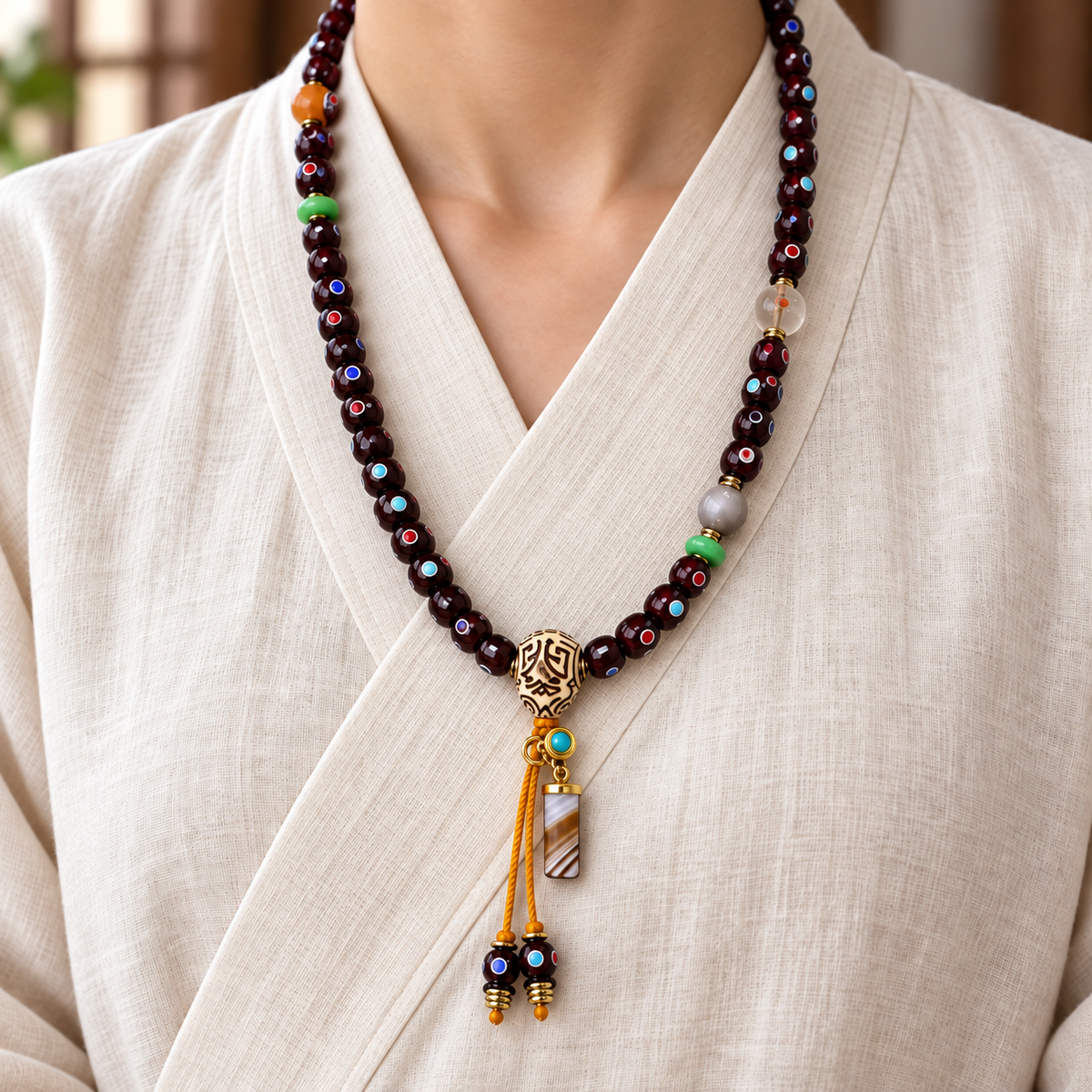 EverestArtstudios Natural Cinnabar-Finished Inlaid Xingyue Bodhi 108-Bead Mala — linen front