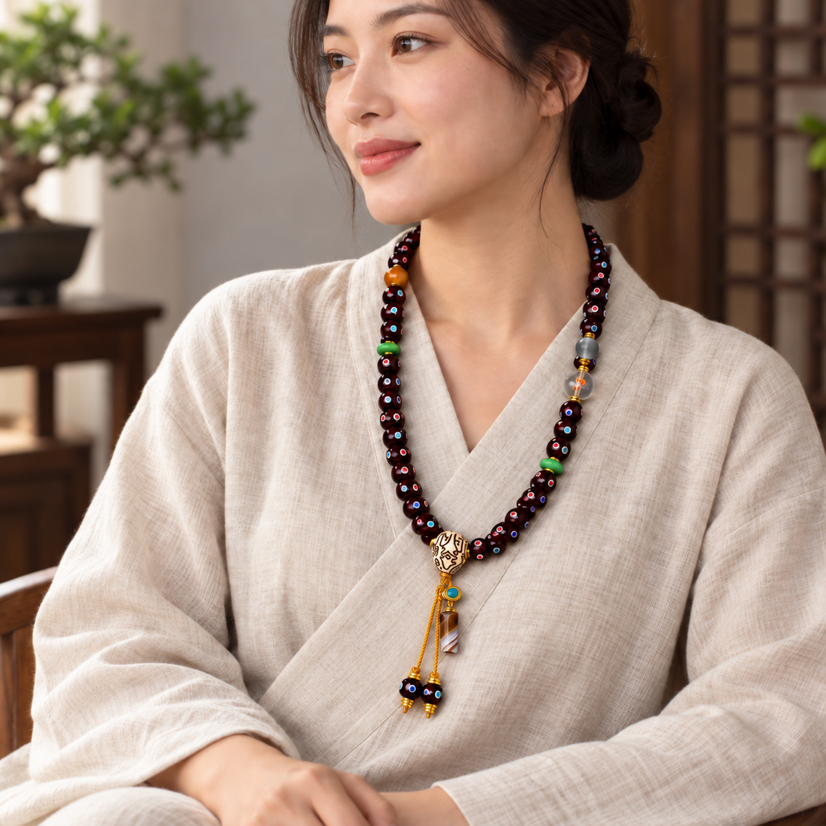 EverestArtstudios Natural Cinnabar-Finished Inlaid Xingyue Bodhi 108-Bead Mala — linen seated