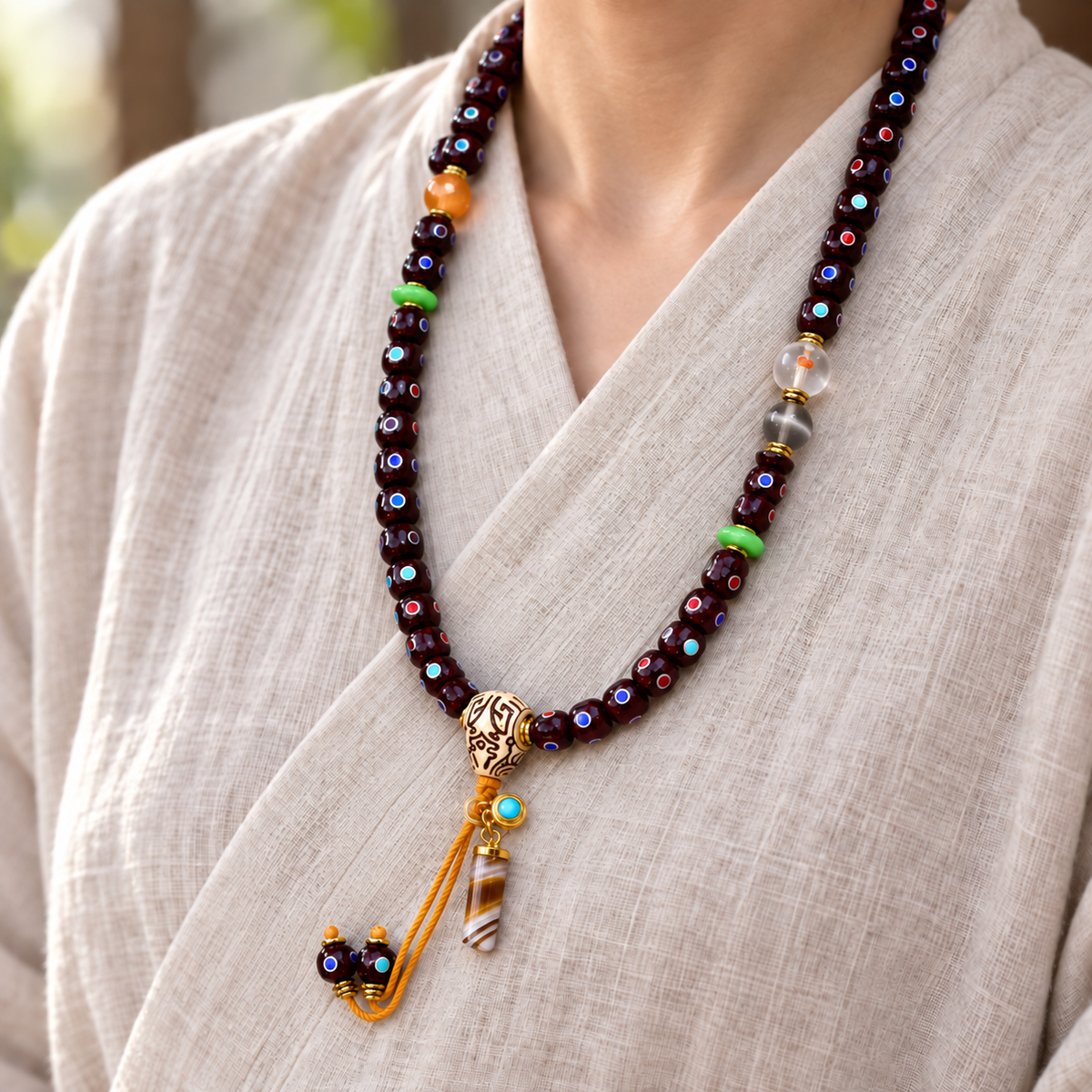 EverestArtstudios Natural Cinnabar-Finished Inlaid Xingyue Bodhi 108-Bead Mala — linen side