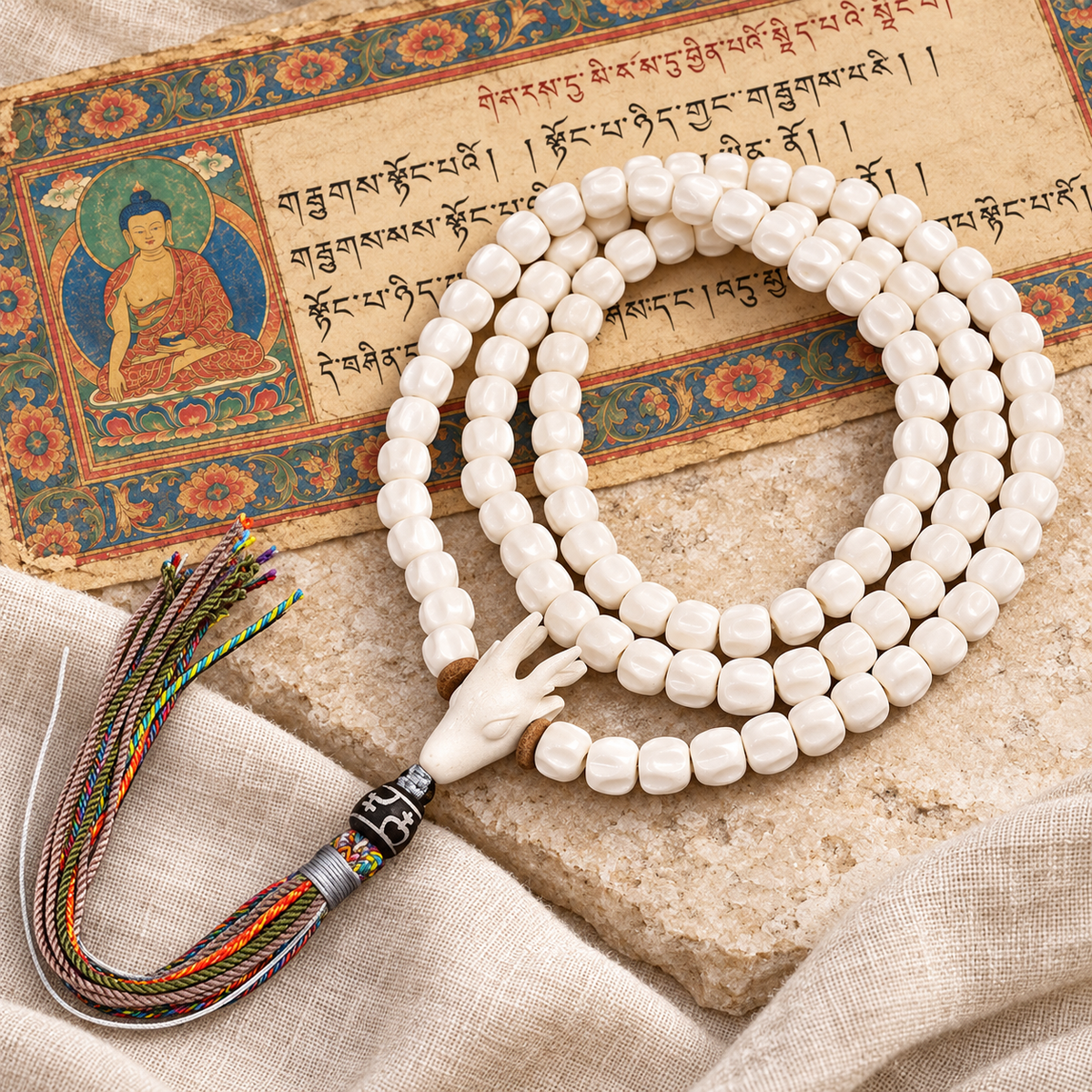 EverestArtstudios Natural Antler and Passion Seed 108-Bead Tibetan Mala Necklace — full product