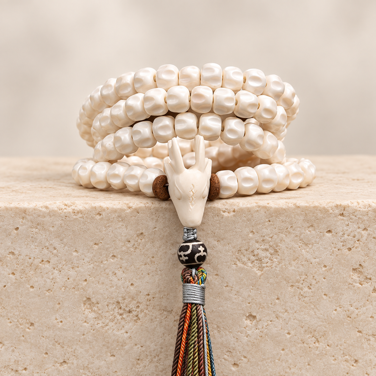 EverestArtstudios Natural Antler and Passion Seed 108-Bead Tibetan Mala Necklace — side detail