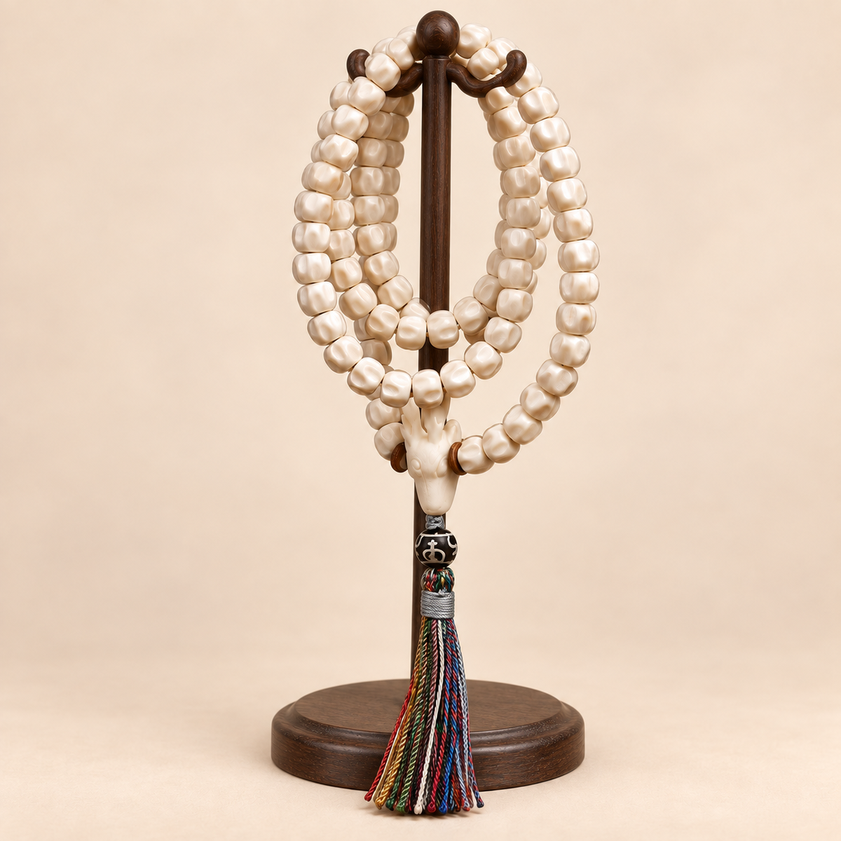EverestArtstudios Natural Antler and Passion Seed 108-Bead Tibetan Mala Necklace — hanging product
