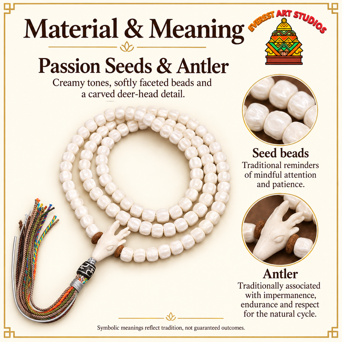 EverestArtstudios Natural Antler and Passion Seed 108-Bead Tibetan Mala Necklace — materials meaning