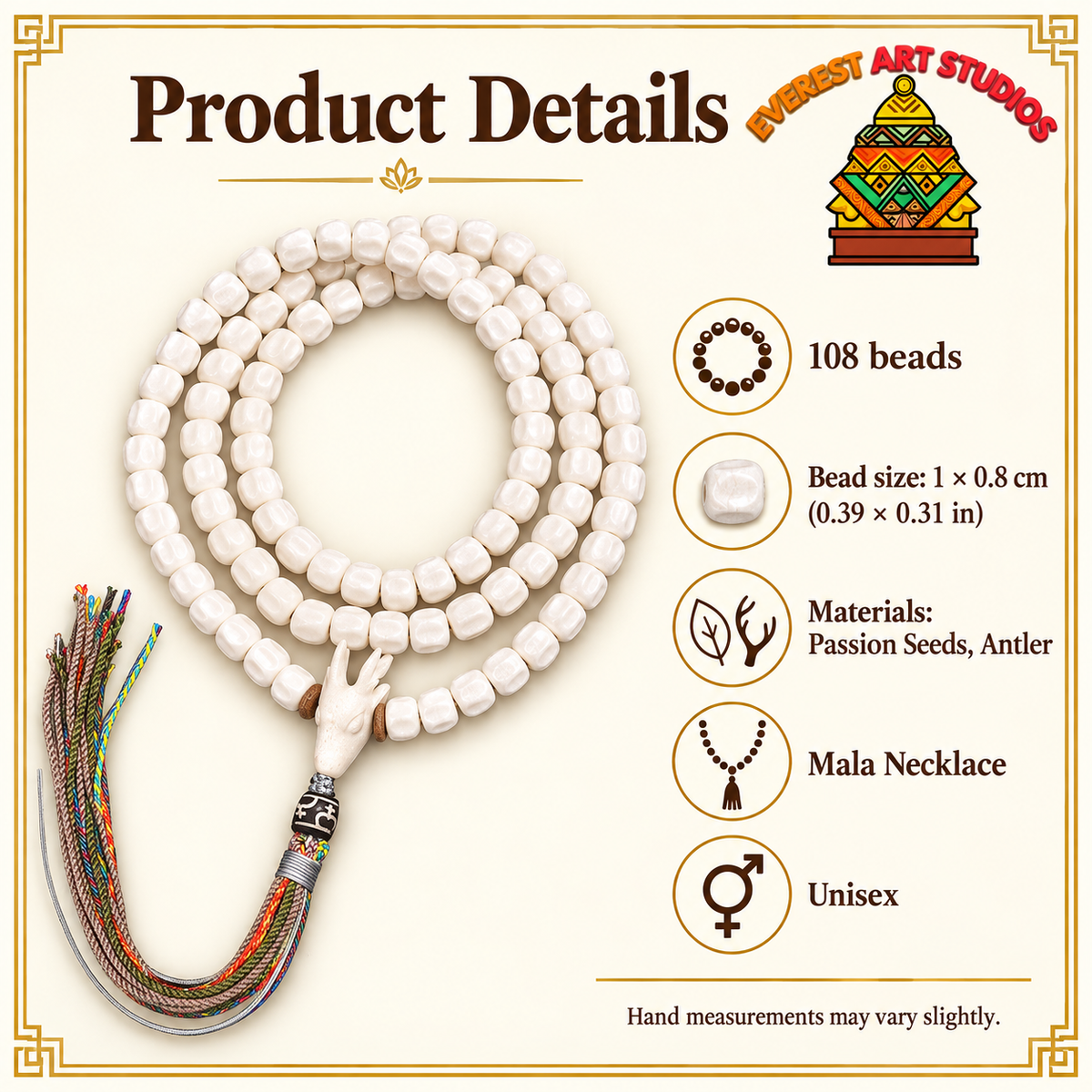 EverestArtstudios Natural Antler and Passion Seed 108-Bead Tibetan Mala Necklace — specifications