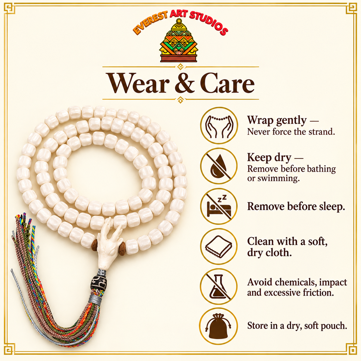 EverestArtstudios Natural Antler and Passion Seed 108-Bead Tibetan Mala Necklace — care