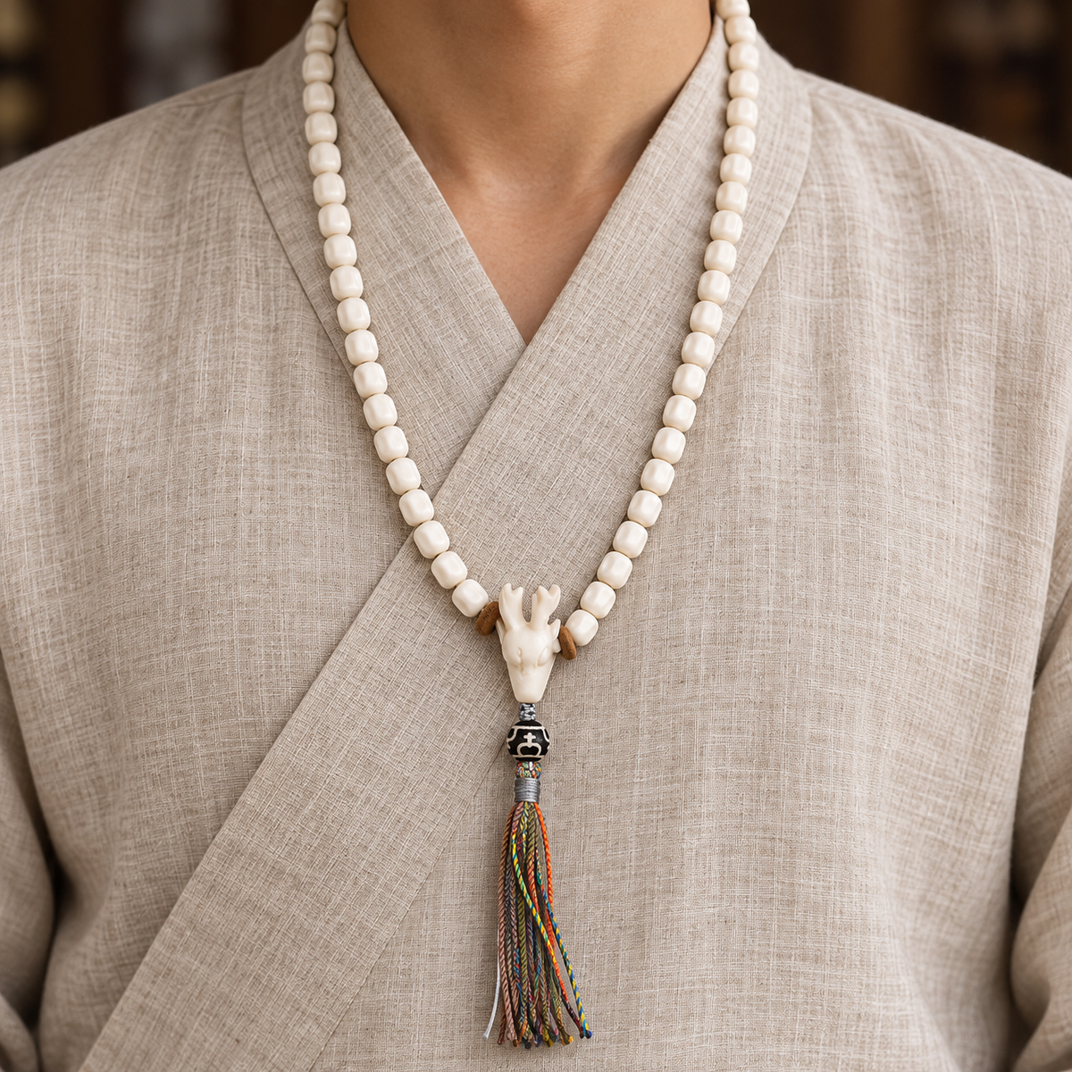 EverestArtstudios Natural Antler and Passion Seed 108-Bead Tibetan Mala Necklace — linen front