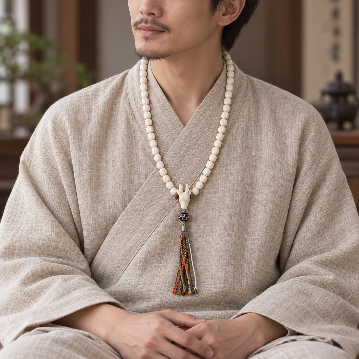 EverestArtstudios Natural Antler and Passion Seed 108-Bead Tibetan Mala Necklace — linen seated