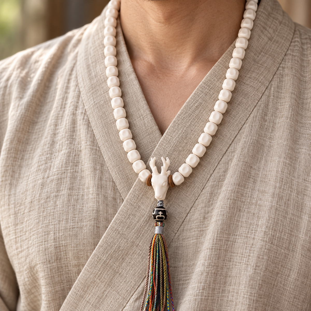 EverestArtstudios Natural Antler and Passion Seed 108-Bead Tibetan Mala Necklace — linen side