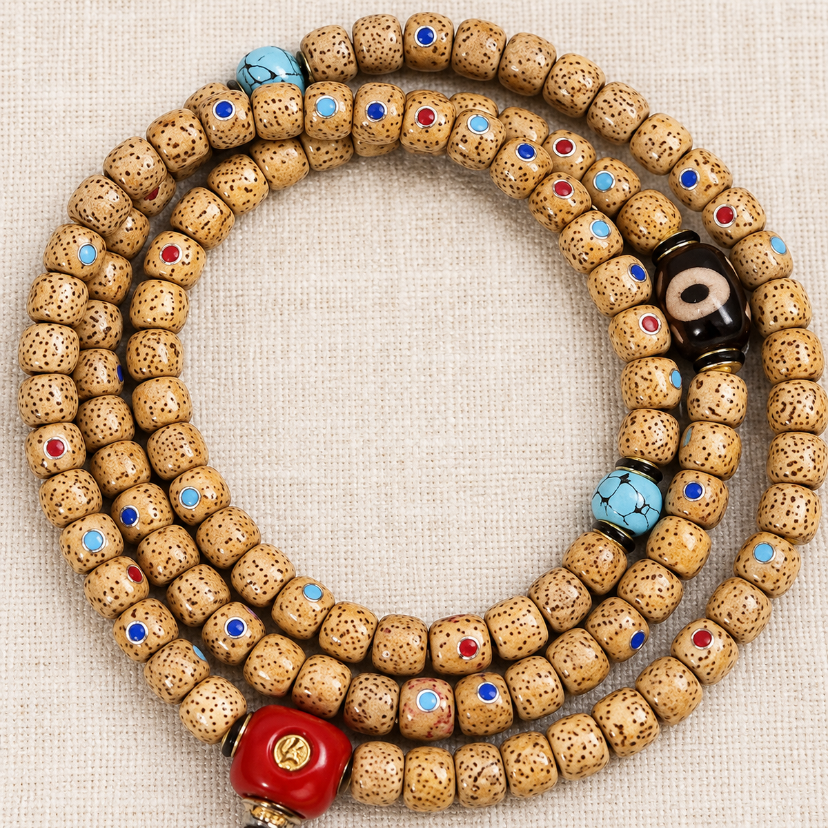 Inlaid Xingyue Bodhi 108-bead mala — bead detail