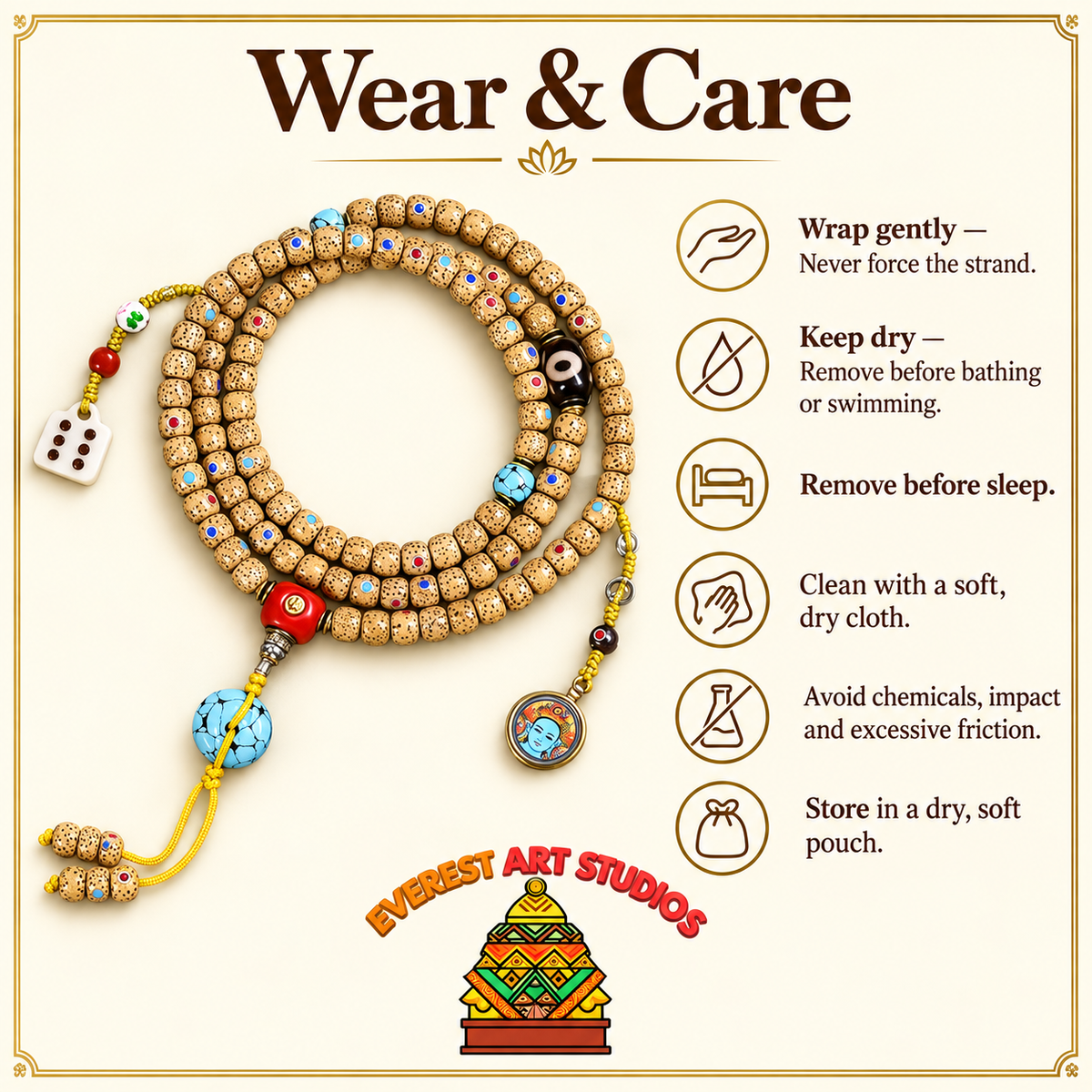 Inlaid Xingyue Bodhi 108-bead mala — care