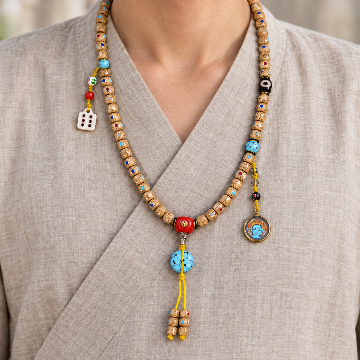 Inlaid Xingyue Bodhi 108-bead mala — linen front