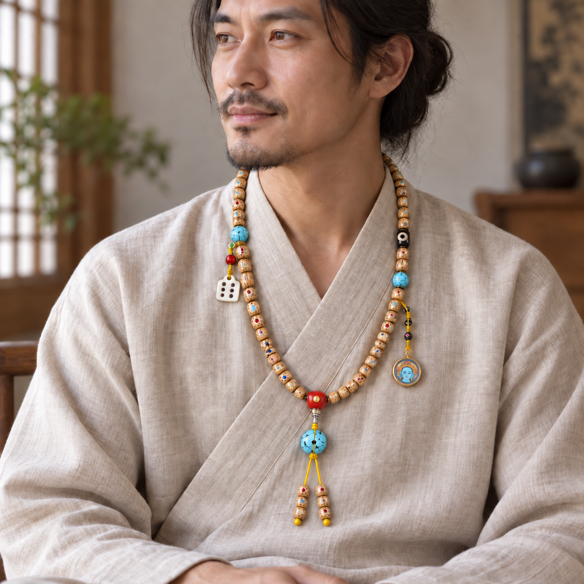 Inlaid Xingyue Bodhi 108-bead mala — linen seated