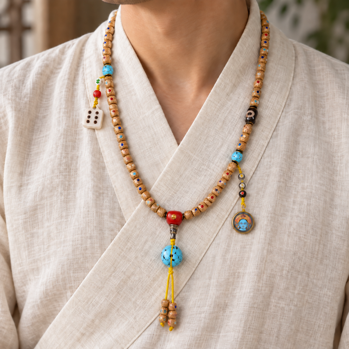 Inlaid Xingyue Bodhi 108-bead mala — linen side
