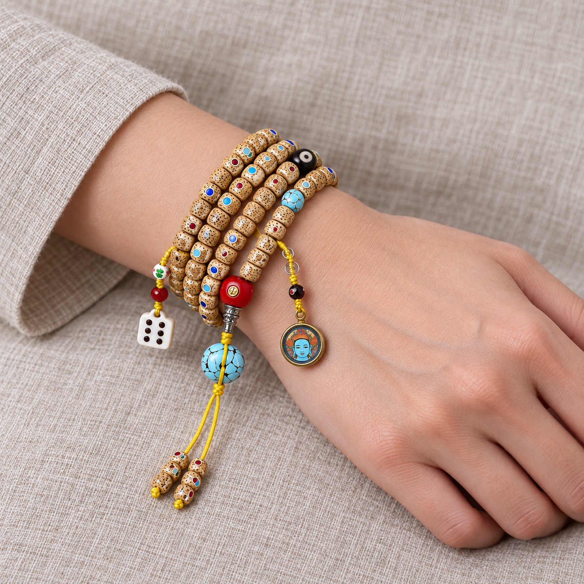 Inlaid Xingyue Bodhi 108-bead mala — wrist resting