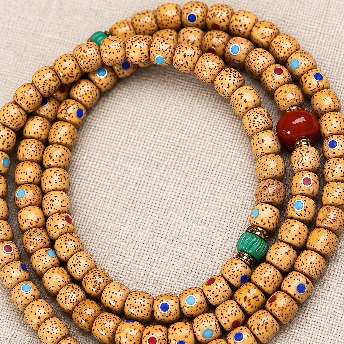 Inlaid Xingyue Bodhi Tibetan mala — bead detail