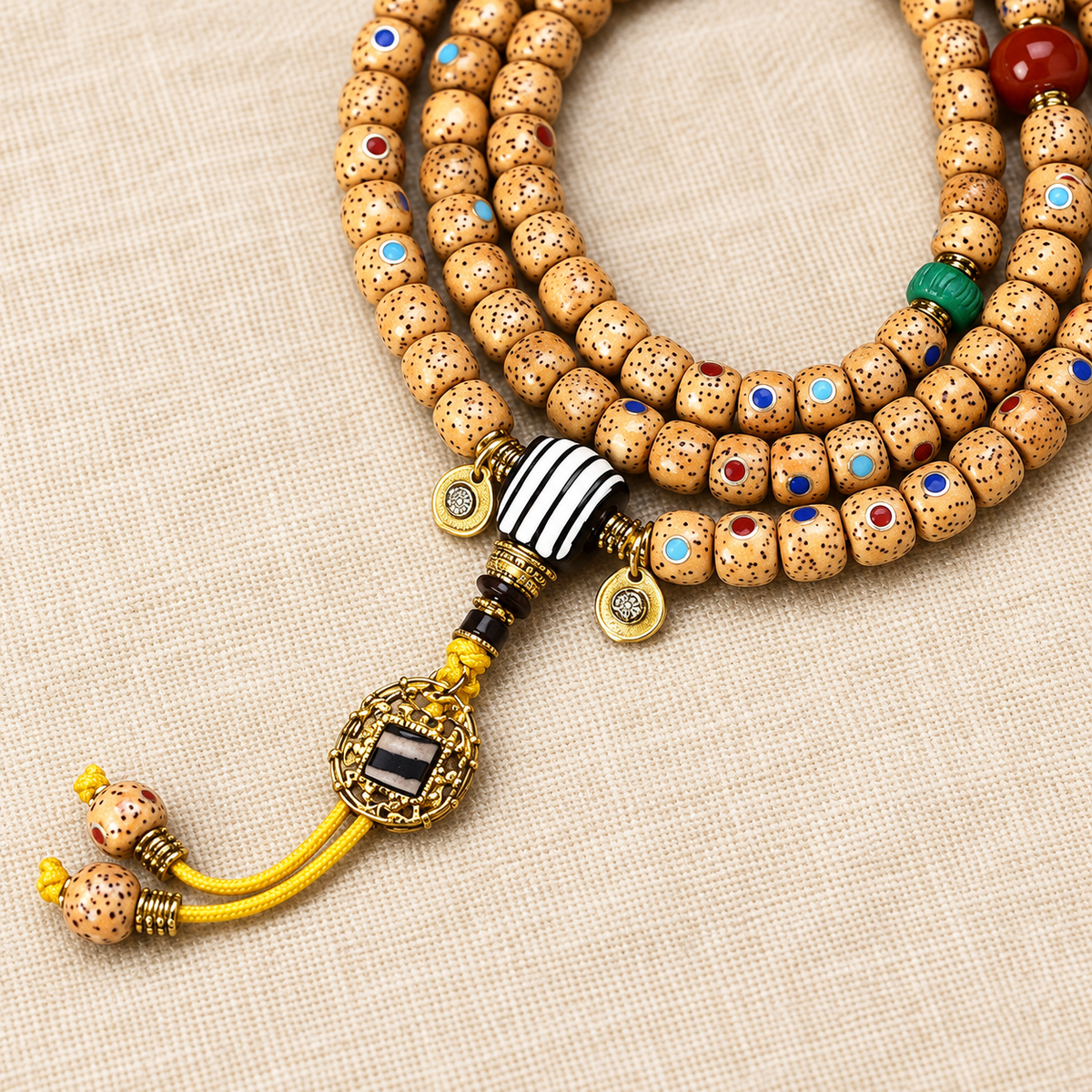 Inlaid Xingyue Bodhi Tibetan mala — pendant detail