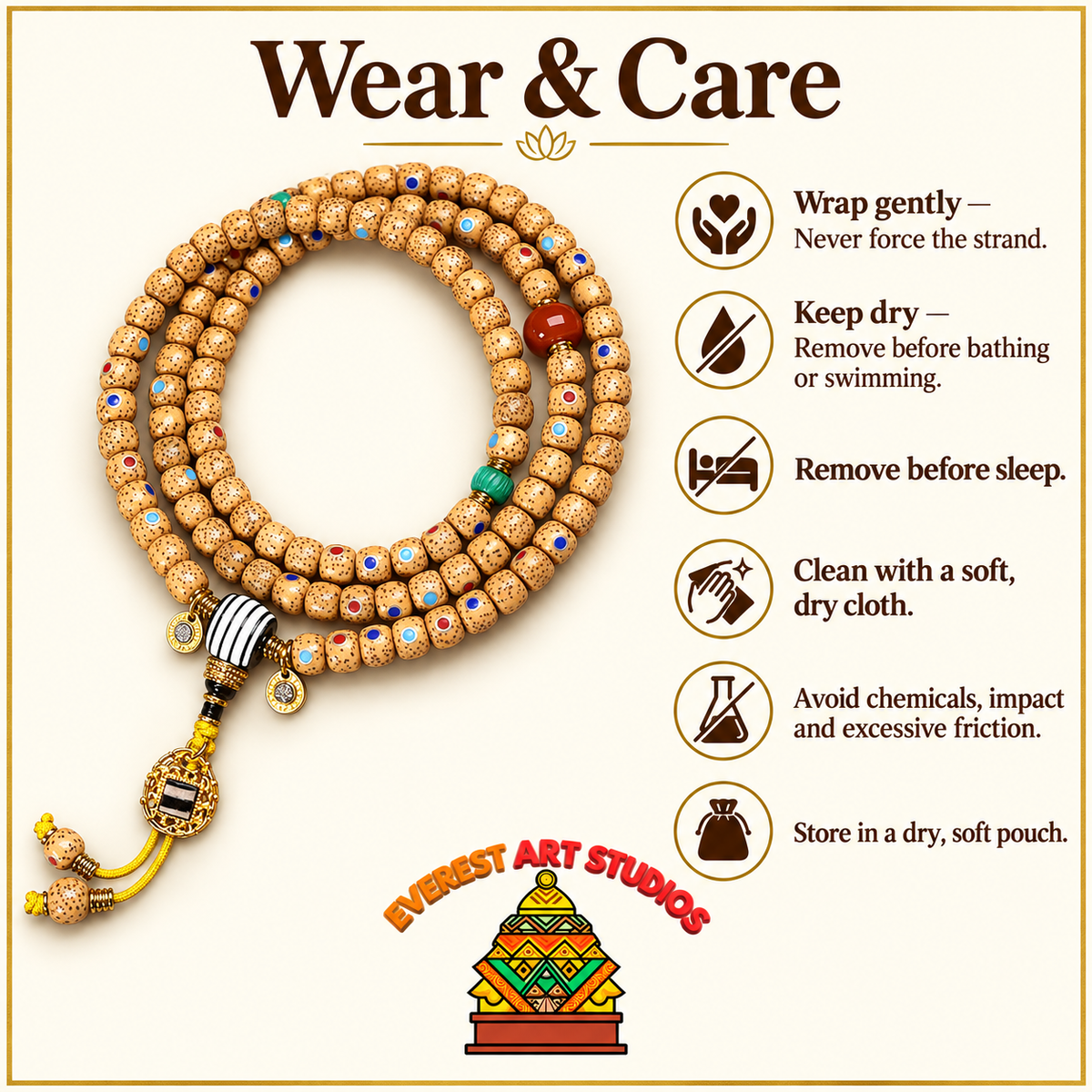 Inlaid Xingyue Bodhi Tibetan mala — care