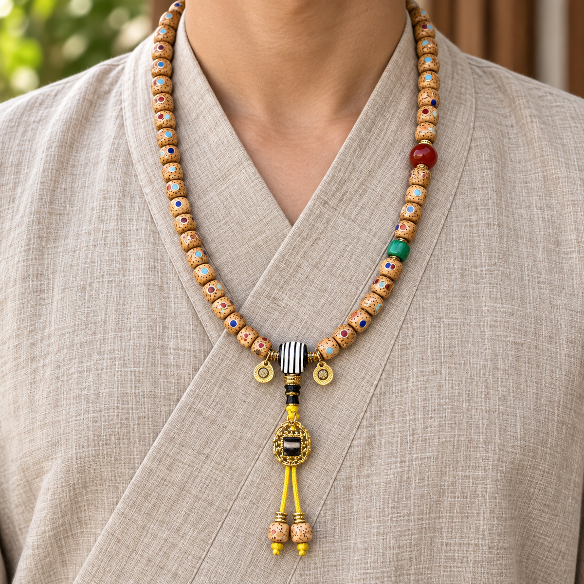 Inlaid Xingyue Bodhi Tibetan mala — linen front