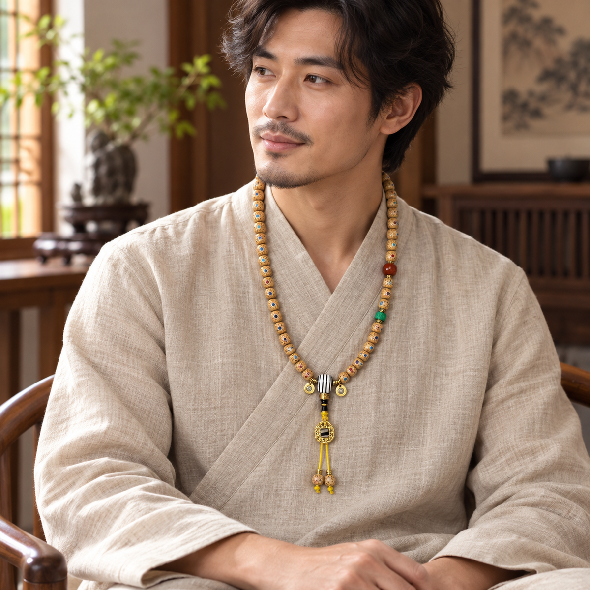 Inlaid Xingyue Bodhi Tibetan mala — linen seated