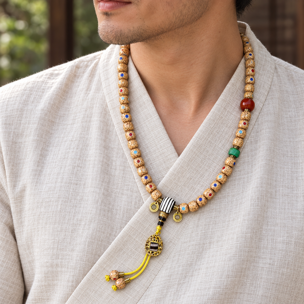 Inlaid Xingyue Bodhi Tibetan mala — linen side