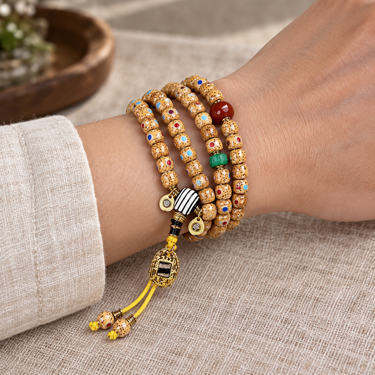 Inlaid Xingyue Bodhi Tibetan mala — wrist resting