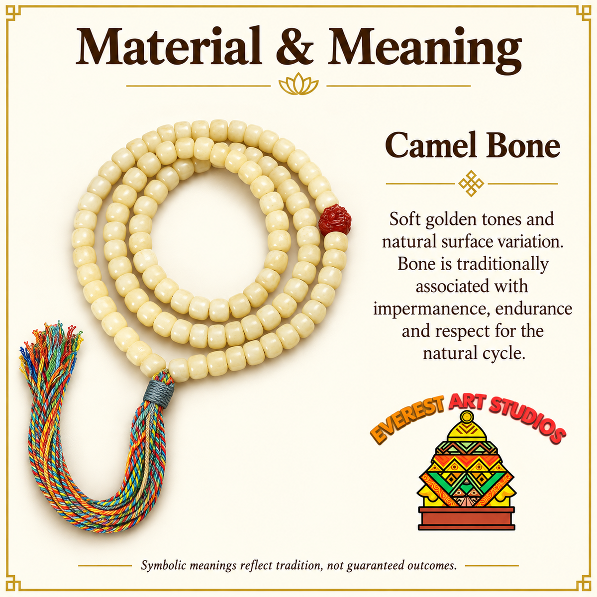 Golden white camel bone Tibetan mala — materials meaning