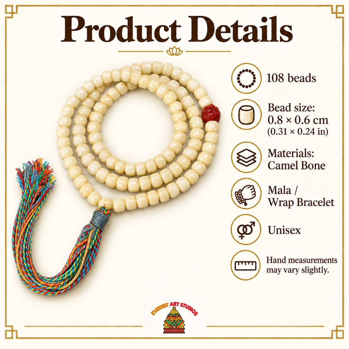 Golden white camel bone Tibetan mala — specifications