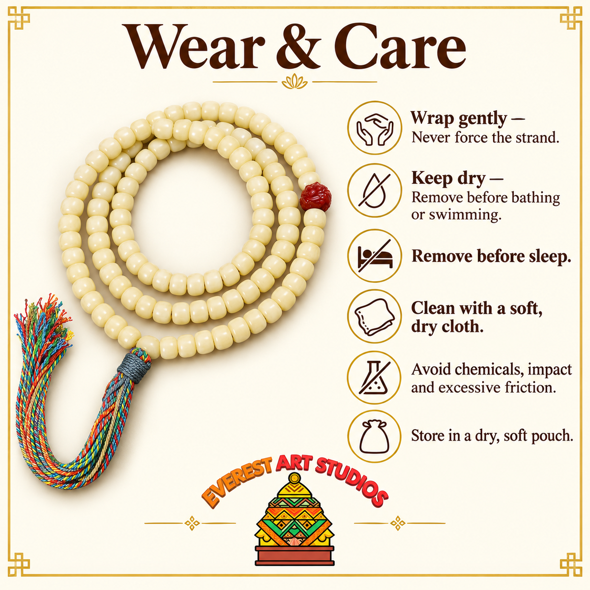 Golden white camel bone Tibetan mala — care