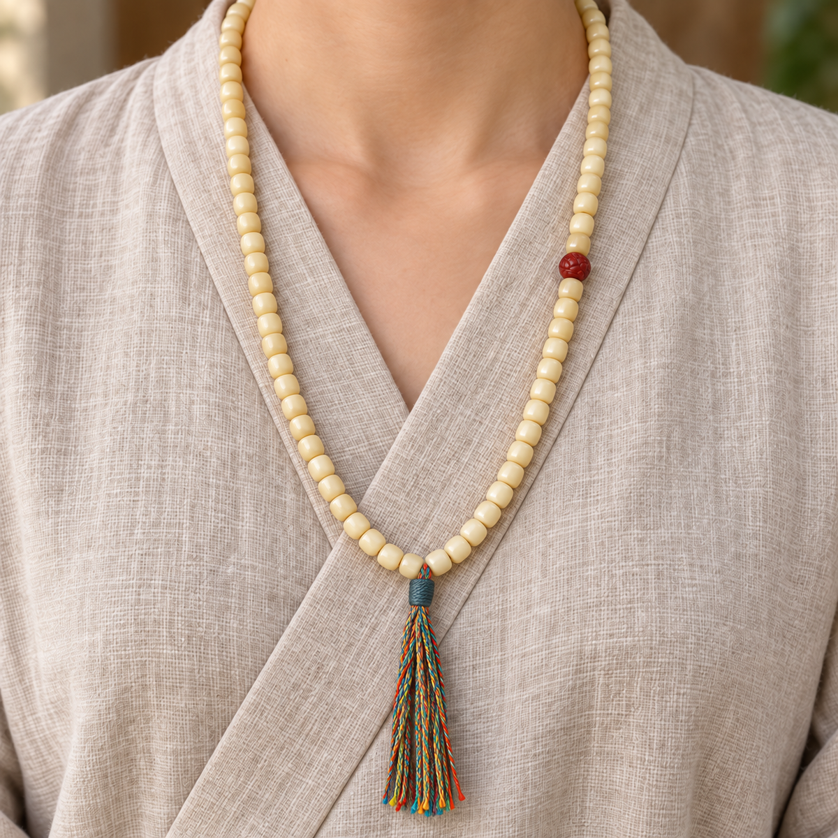 Golden white camel bone Tibetan mala — linen front