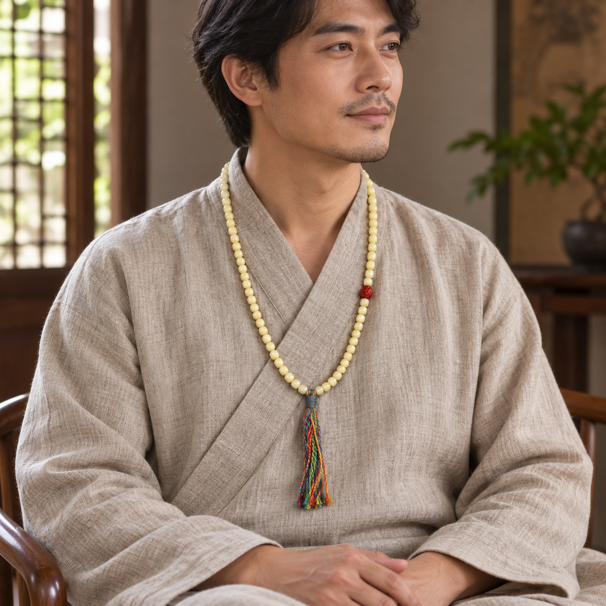 Golden white camel bone Tibetan mala — linen seated
