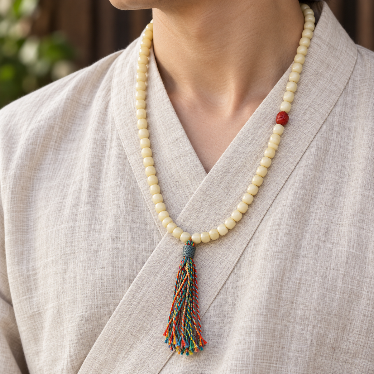 Golden white camel bone Tibetan mala — linen side