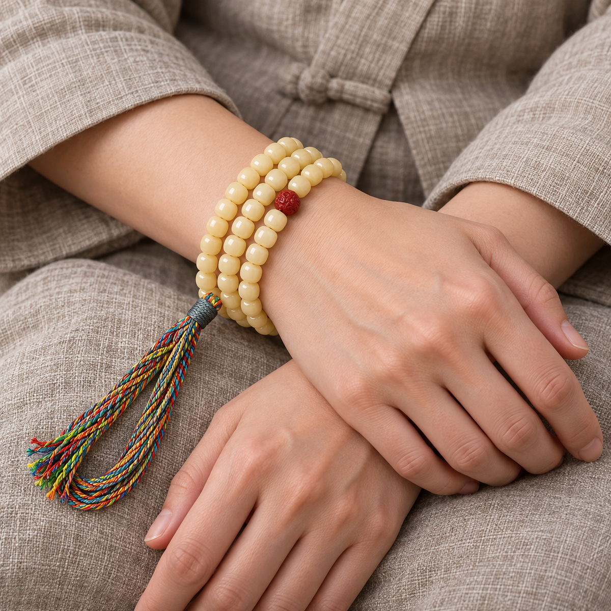 Golden white camel bone Tibetan mala — wrist crossed