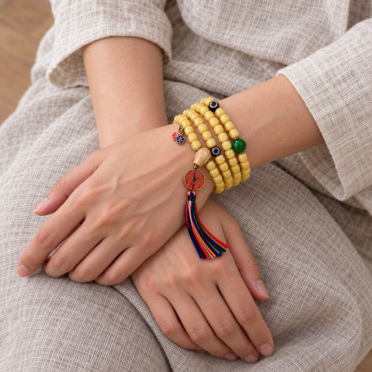 Tibetan mala — wrist crossed