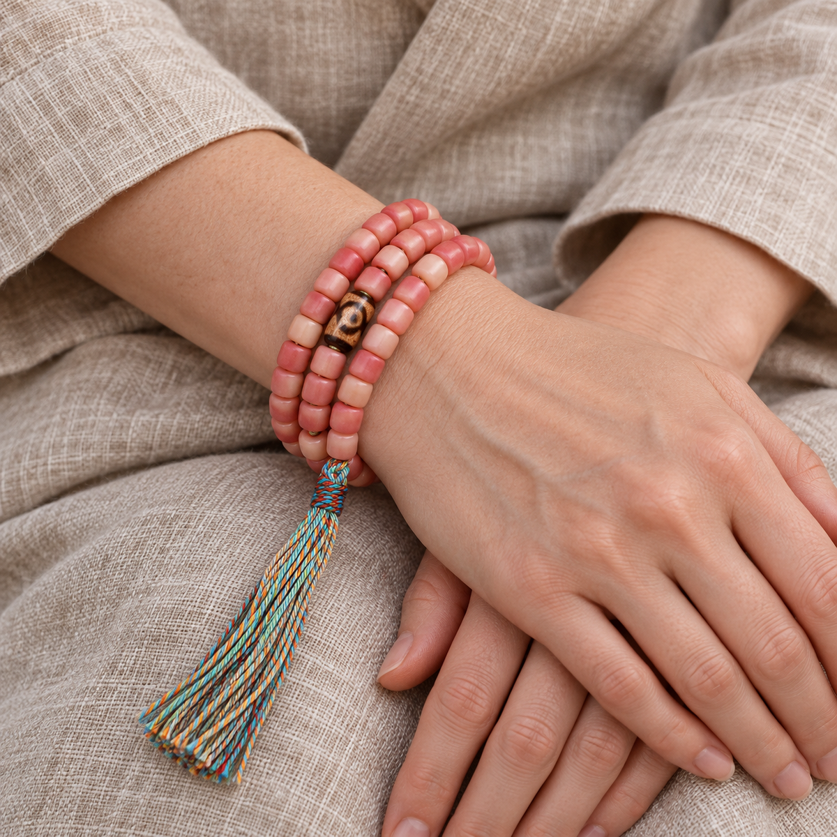 Tibetan mala — wrist crossed