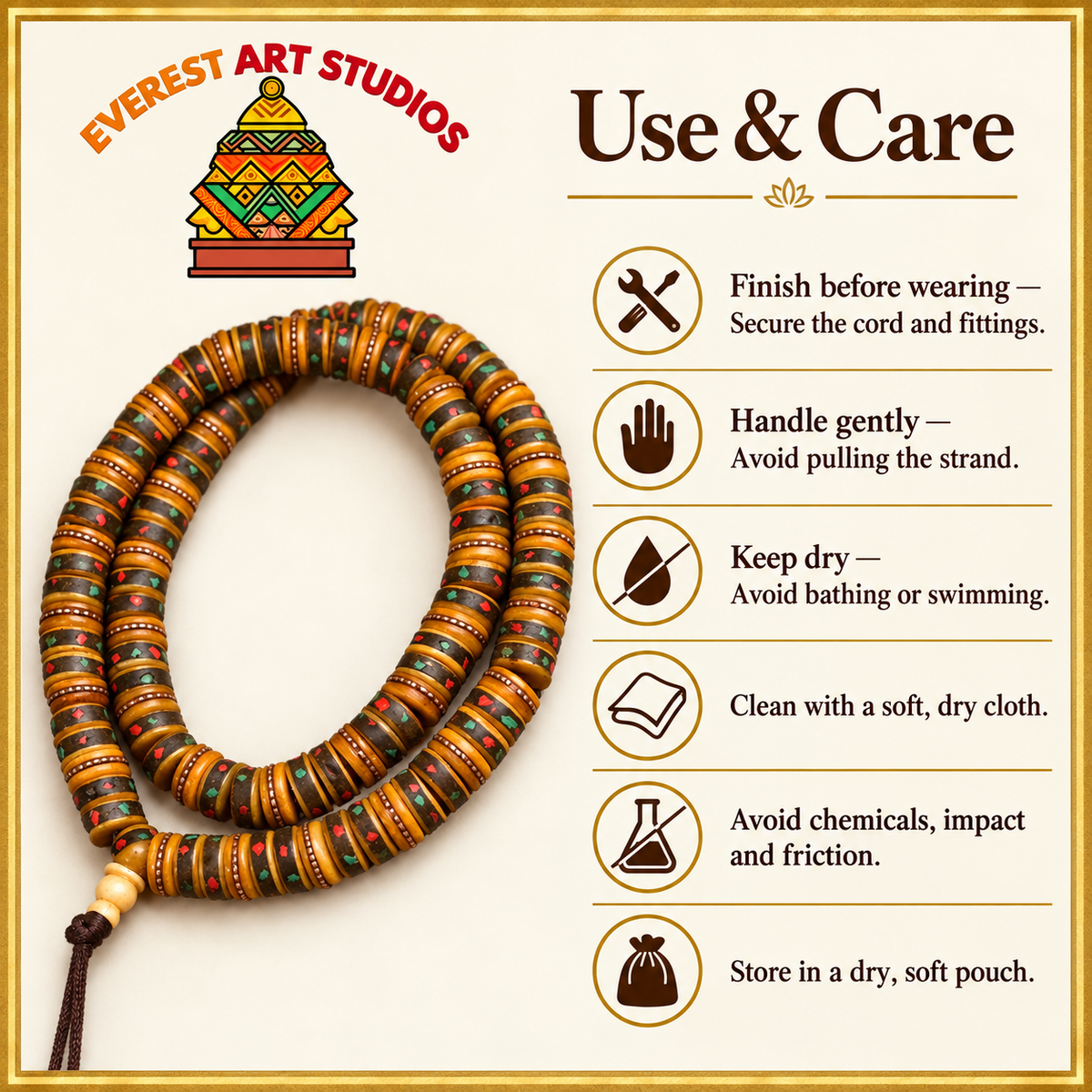 Tibetan mala DIY bead strand — care
