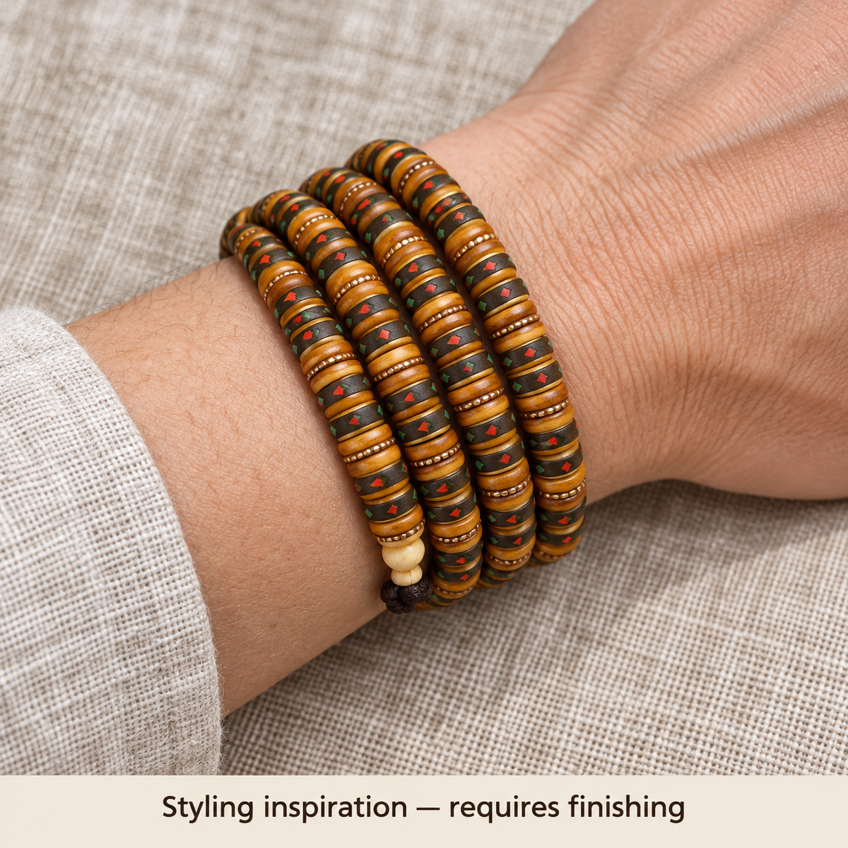 Tibetan mala DIY bead strand — wrist resting